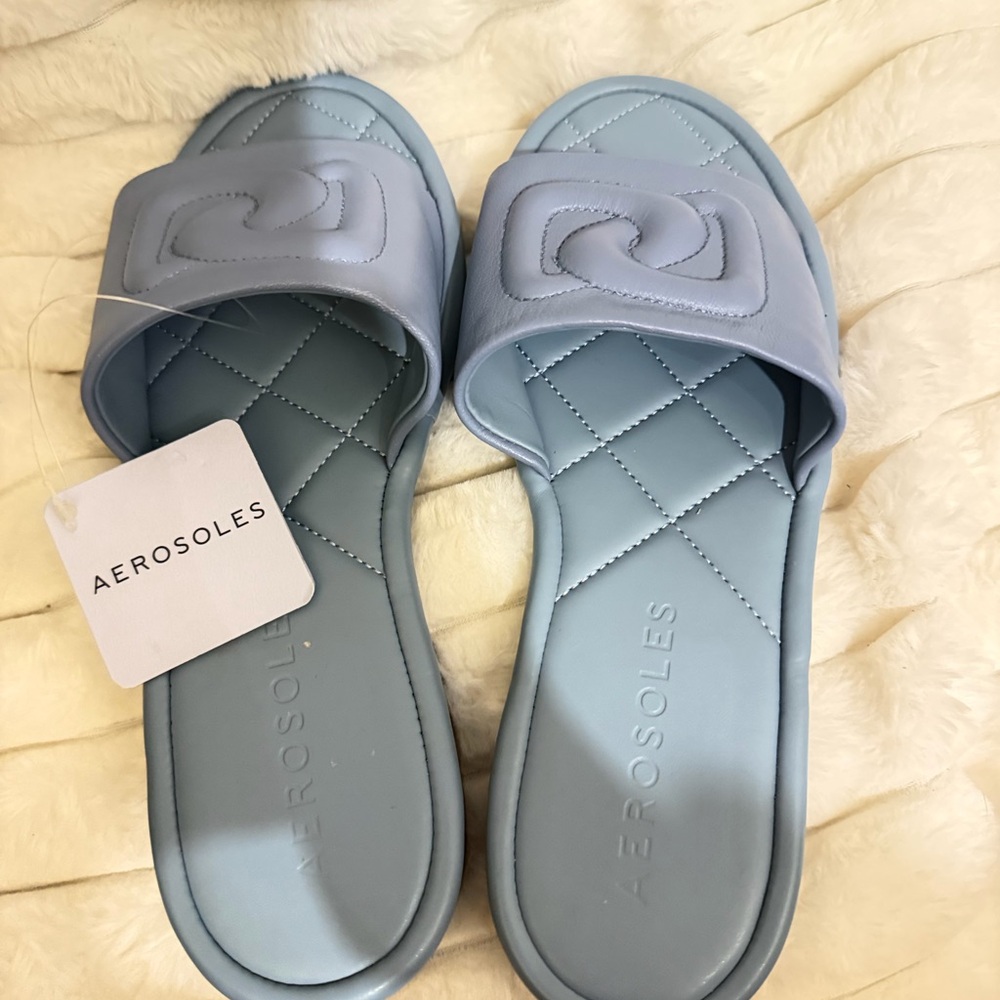 AEROSOLES Pastel Blue Quilted Slide Sandals